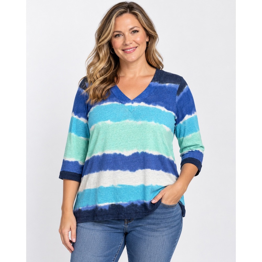 Chicos 100% Linen Tie Dye Stripe V-Neck 3/4 Sleeve Top Blue Green Size 3 XL